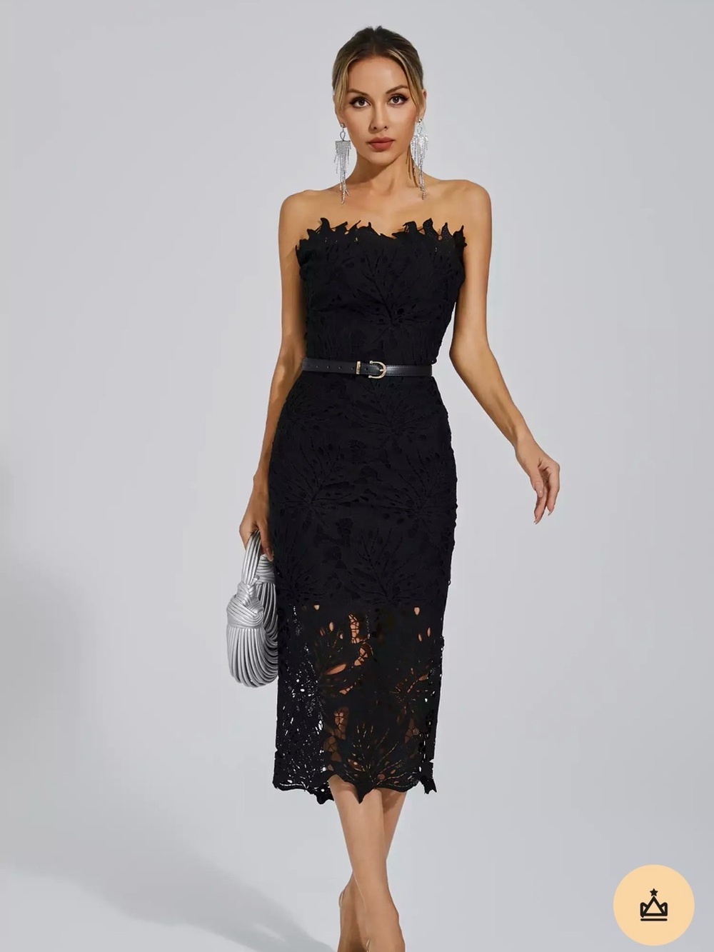 Catchall Strapless Black Lace Midi Dress